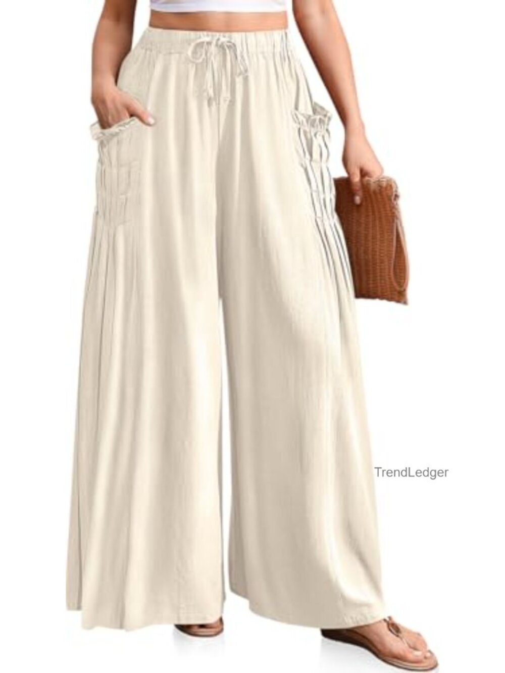 Women's Wide Leg Linen Blend Palazzo Trousers Flowy Casual Boho Pants with